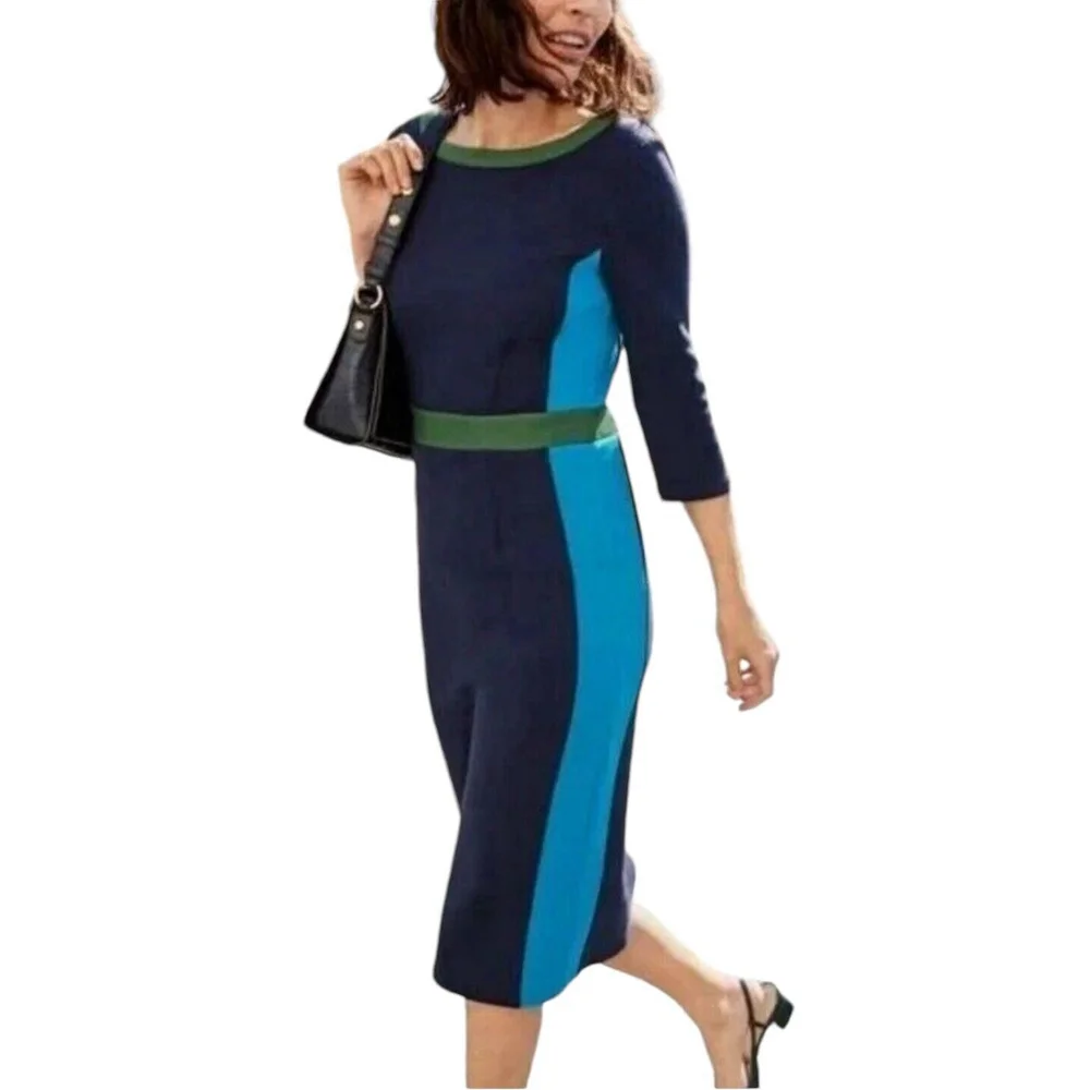 BODEN Leah Ottoman COLORBLOCK BLUE Green Lagoon Stretch sheath DRESS 4P NWT - Picture 2 of 8